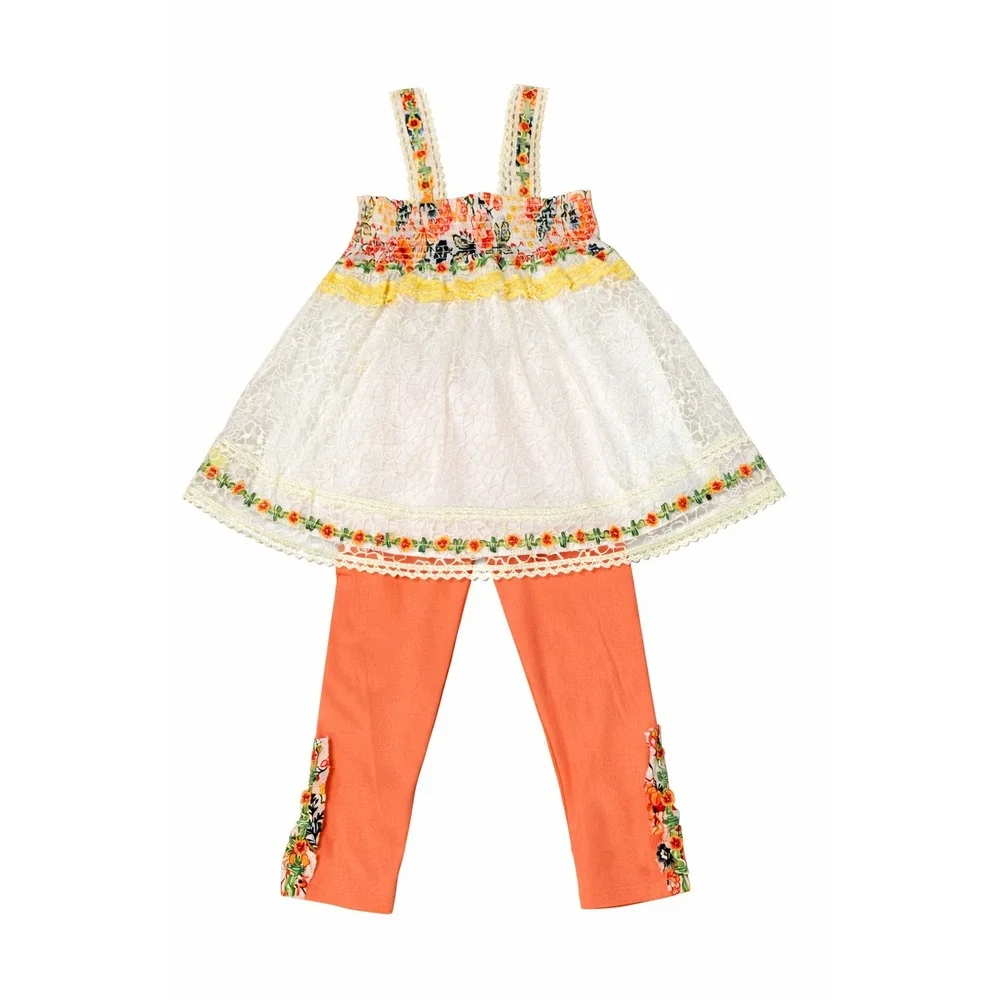 Hannah Banana Girls 2pc Ivory‎ Lace Babydoll Smocked Top & Leggings Outfit NEW 7